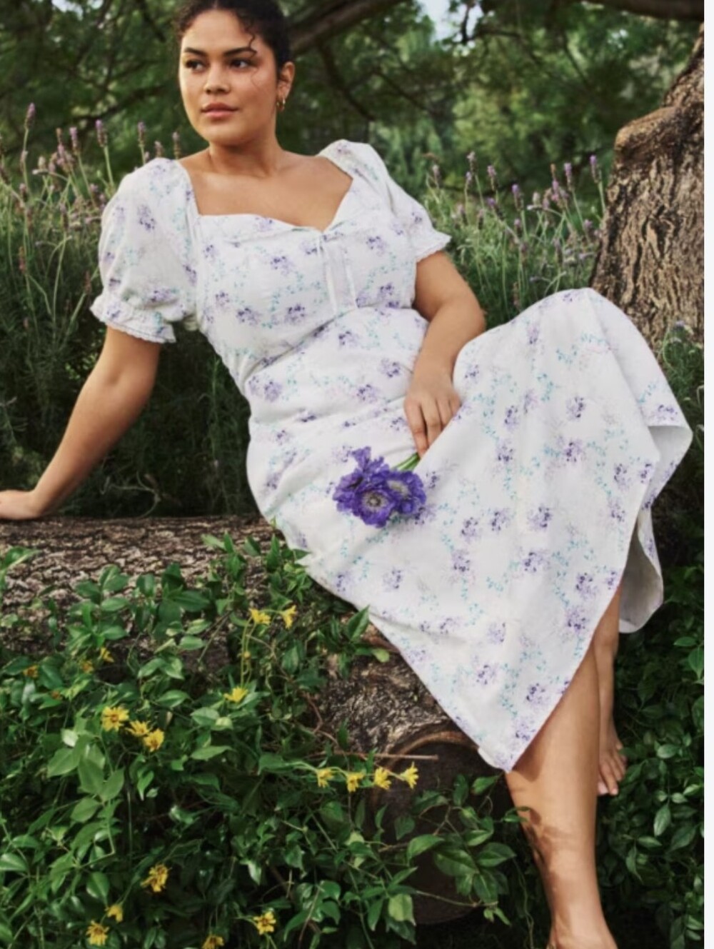 SCOOP Women's White Midi Dress with Lavender Floral Print and Puff Sleeves